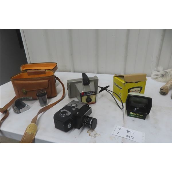 Polaroid Big Swinger 3000 Camera, Fujica Zoom 8 Home Video Camera, and Halina Viewer
