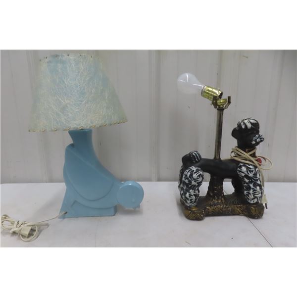Coconut Lamp, Bird Lamp, MCM Haeger Pottery, Spaghetti Fiber Shade, Clock and Poodle Lamp