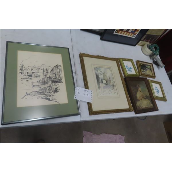 Framed Pictures and 5 Etchings/Prints, Largest 13" x 17"