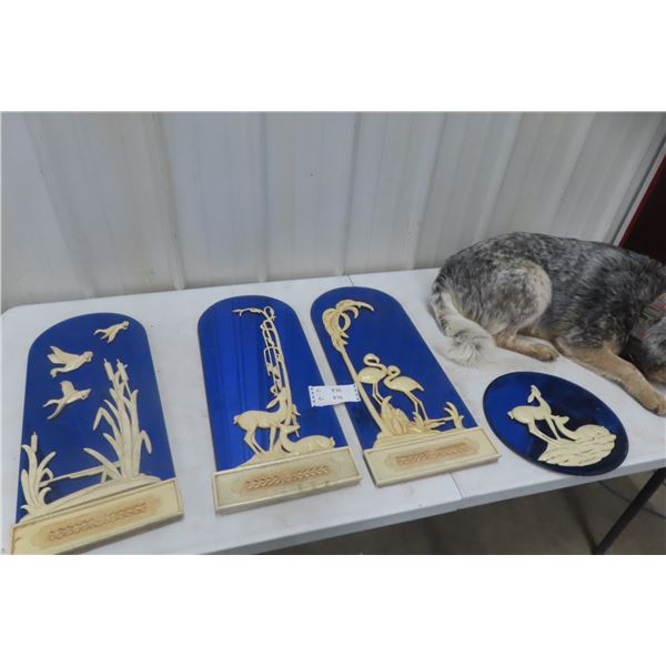 (4) Vintage Wall Art Mirrored Panels - Carved Ivory-Coloured Wooden Silhouettes MCM, 3 @ 6" x 25"