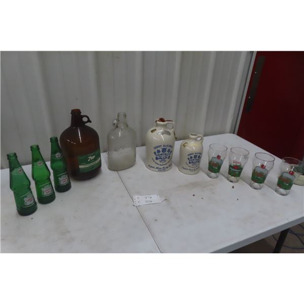 7up Extract Jug, Pop Bottles, Whiskey Jugs, Coke/Applebee Glasses, WPG Jets Flag + Hockey Cards