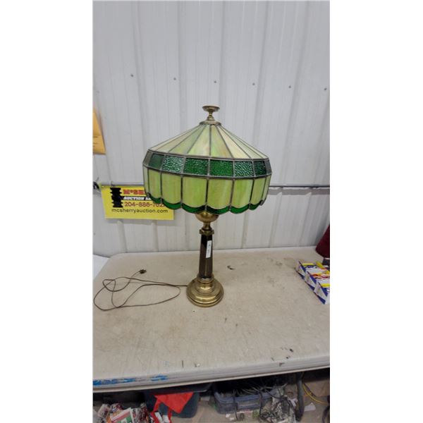 Tiffany-Style Stained Glass Table Lamp with Brass Base, Green/Yellow Shade
