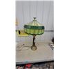 Image 1 : Tiffany-Style Stained Glass Table Lamp with Brass Base, Green/Yellow Shade