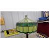 Image 4 : Tiffany-Style Stained Glass Table Lamp with Brass Base, Green/Yellow Shade