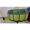 Image 6 : Tiffany-Style Stained Glass Table Lamp with Brass Base, Green/Yellow Shade