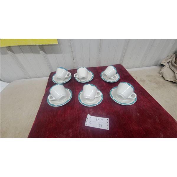 Erica Hotelwear Potters Canada White Cups & Saucers with Teal Border, Set of 6
