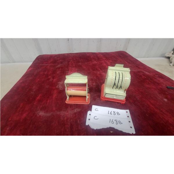 Vintage Toy Cash Register with Red Base and Cream Body, Numbered Dial Mechanism and Paper Dispenser