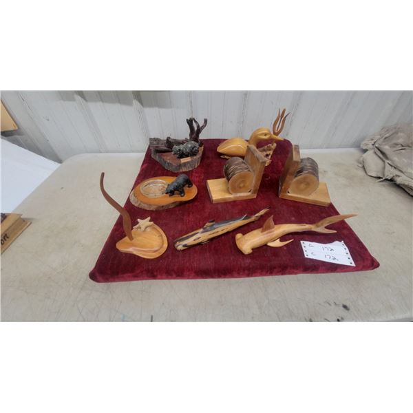 Collection of Wooden Carvings Including Dolphins, Birds, Bears on Driftwood Bases, and Decorative I