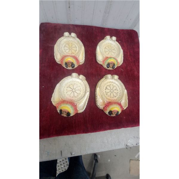 Set of 4 Vintage Native American Indian Chief Ceramic Ashtrays with Headdress 1950.S or 60.S