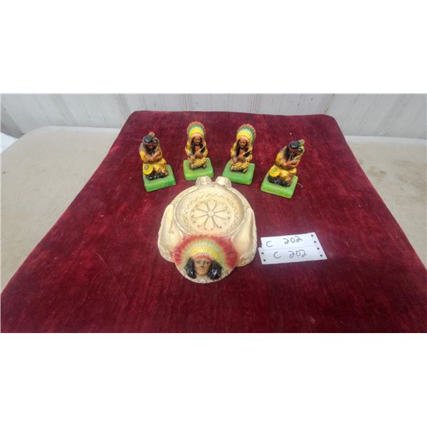 Native American Themed Chalkware Ashtray with 4 Matching Figural Ornament