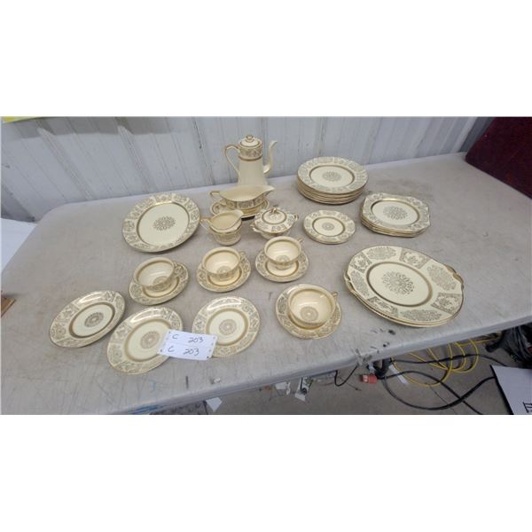 Cream and Gold China Tea/Dinner Service Set with Teapot, Cups, Saucers, and Plates Victorian