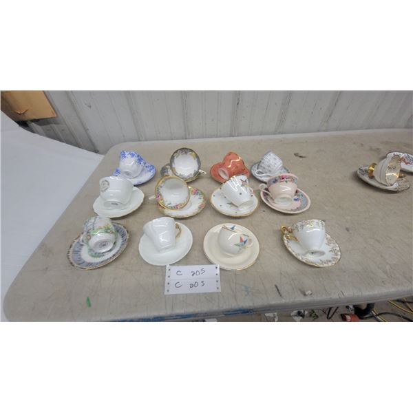 Collection of 12 Vintage Teacups and Saucers, Including Shelley Dainty Blue and Royal Albert