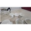 Image 3 : Vintage Glass Coffee Carafe with Brown Handle, 6 White Grindley Hotelware Ceramic Mugs with Stripe