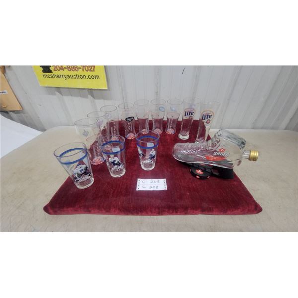 Hockey Collectible Glassware Lot - Canucks Player Glasses, Miller Lite Glasses, Skate Bottle, Puck