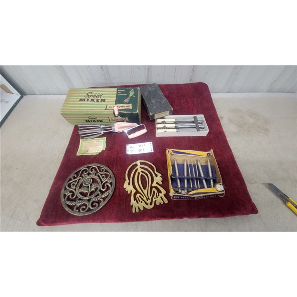 Vintage Kitchen Lot: Speed Mixer by Maynard, Nut Cracker Set, Stainless Cutlery, Brass Trivets