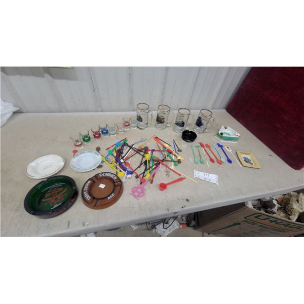 Vintage Ashtrays & Barware Lot: Double Dragon Ale, Dominion White Label, Hotel Ashtrays, Shot Glass
