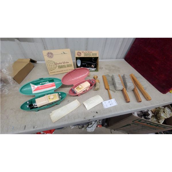 Singer Buttonholer Attachments (2) in Green and Pink Cases with Templates and Travel Iron N.O.S.