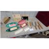 Image 1 : Singer Buttonholer Attachments (2) in Green and Pink Cases with Templates and Travel Iron N.O.S.