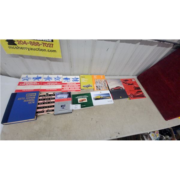 Collection of Automotive Books Including Repair Manuals, Car Spotter's Guides, Ferrari & Porsche Ca