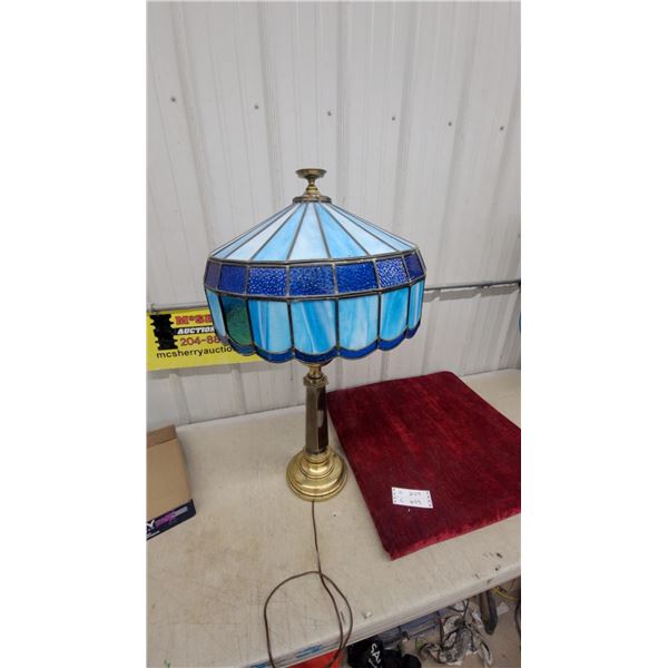 Tiffany-Style Stained Glass Table Lamp with Blue Shade and Brass Base Vintage