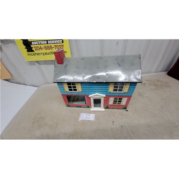Vintage Tin Litho Dollhouse with Interior Rooms, Two-Story Colonial Style