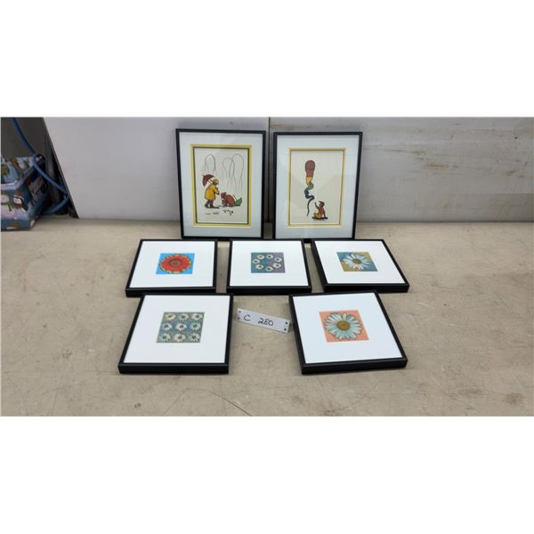 Collection of 7 Framed Prints: 2 Cyndi Foster Signed Artworks & 5 Daisy Flower Prints