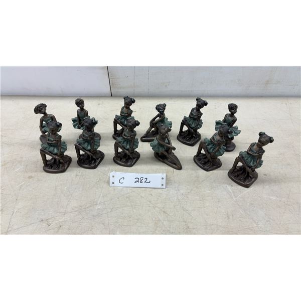 Collection of 12 Bronze-Effect Ballerina Figurines in Green Tutus, Various Poses