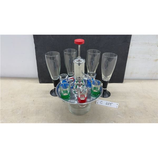 Vintage Chrome Pump Dispenser with 6 Colored Shot Glasses & 4 Champagne Glasses with Black Stems