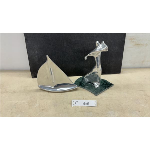 Hoselton Sculpture Aluminum Figure on Marble Base & Polished Aluminum Sailboat Figurine, Signed.