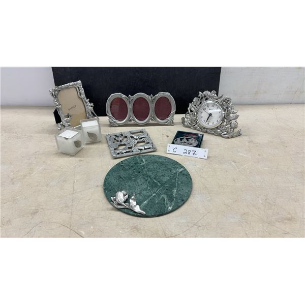 Seagull Pewter Collection: Clock, Photo Frames, Trivet, Marble Cheese Board, Candle Holders