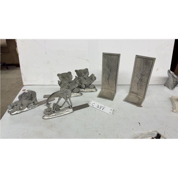 Pewter Bookend Sets: Teddy Bears Reading ABC Books & Leaf Design Candle Holder and More