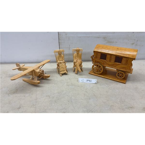 Handcrafted Wooden Models: Biplane, Elderly Couple in Rocking Chairs, and Romany Gypsy Caravan 7