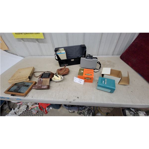 Vintage Camera Lot: Polaroid 210, Kodak Auto-Mask Printing Frame, Optina Slide Viewer, Flash Unit