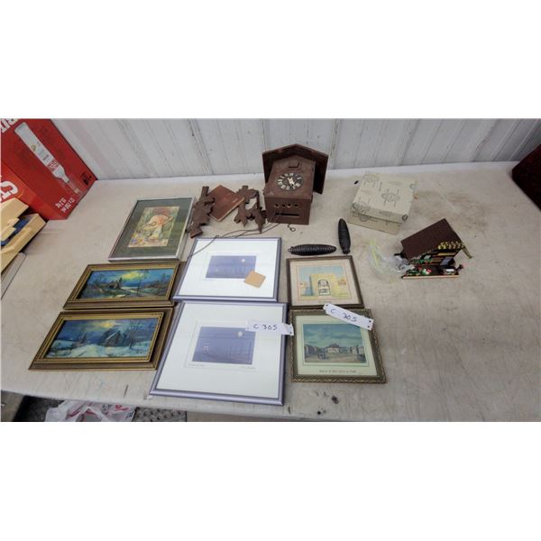 Framed Prints, Cuckoo Clock Parts, Decorative Chalet Bank, Fort Garry Artwork