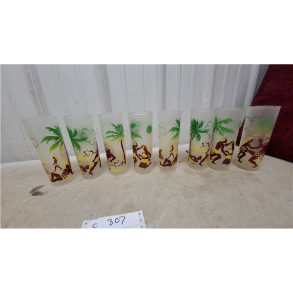 Set of 8 Vintage Frosted Glass Tiki/Tropical Highball Glasses with Caveman & Palm Tree Design