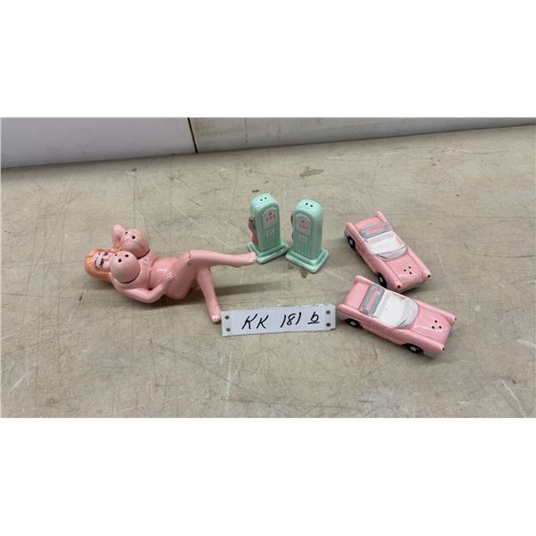 Ceramic Salt & Pepper Sets - Pink Cadillac Convertibles & Retro Gas Pumps & Lady with Shakers!!