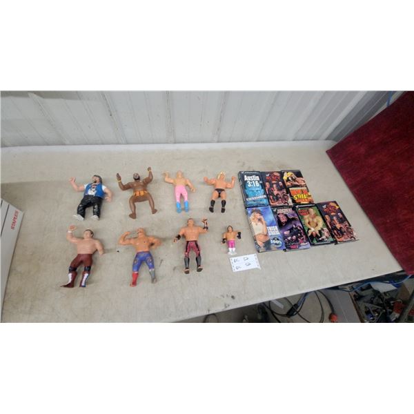 WWF/WWE Wrestling Action Figures Lot (8) with Wrestling VHS Tapes Collection