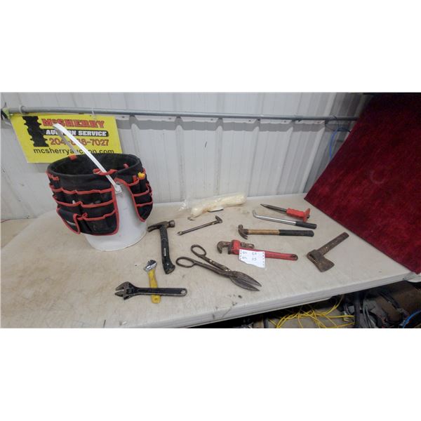 Bucket Tool Organizer w/ Hand Tools: Pipe Wrench, Hammer, Tin Snips, Wrenches, Lug Wrench, File