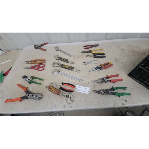 Assorted Hand Tools: Adjustable Wrenches, Aviation Snips, Pliers, Scissors, Diagonal Cutters