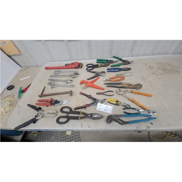 Assorted Hand Tools: Adjustable Wrenches, Pipe Wrench, Tin Snips, Pliers, Wire Cutters, Scissors