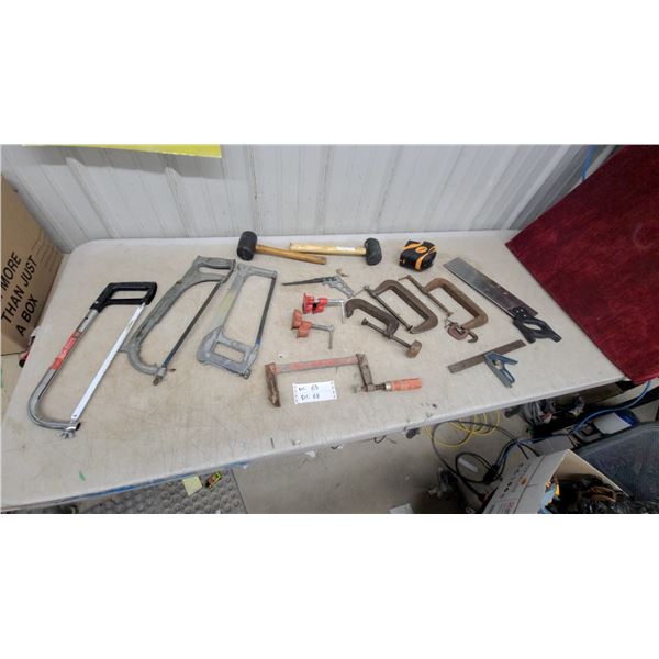 Assorted Hand Tools: 3 Hacksaws, 4 C-Clamps, 2 Rubber Mallets, Pipe Clamps, Tape Measure, Squares