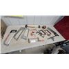 Image 1 : Assorted Hand Tools: 3 Hacksaws, 4 C-Clamps, 2 Rubber Mallets, Pipe Clamps, Tape Measure, Squares