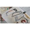 Image 2 : Assorted Hand Tools: 3 Hacksaws, 4 C-Clamps, 2 Rubber Mallets, Pipe Clamps, Tape Measure, Squares