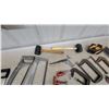 Image 3 : Assorted Hand Tools: 3 Hacksaws, 4 C-Clamps, 2 Rubber Mallets, Pipe Clamps, Tape Measure, Squares