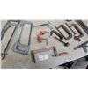 Image 4 : Assorted Hand Tools: 3 Hacksaws, 4 C-Clamps, 2 Rubber Mallets, Pipe Clamps, Tape Measure, Squares