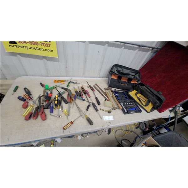 Assorted Screwdrivers, Tool Kit with Sockets & Bits, DeWalt Tool Bag, Ball Peen Hammer