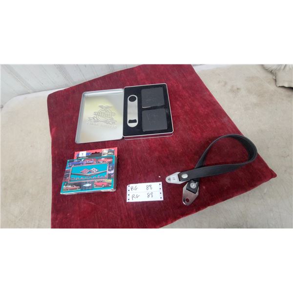 Classic Chevrolet Tin & Playing Cards Set, Miller Genuine Draft Bar Set w/Coasters & Bottle Opener