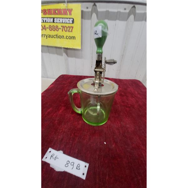 Vintage Green Depression Glass 4-Cup Measuring Pitcher with Hand Crank Egg Beater/Mixer