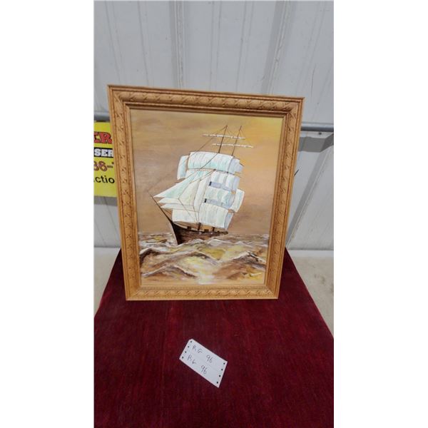 Framed Oil Painting of Sailing Ship at Sea, Gold Ornate Frame, Signed, 19 x 23"