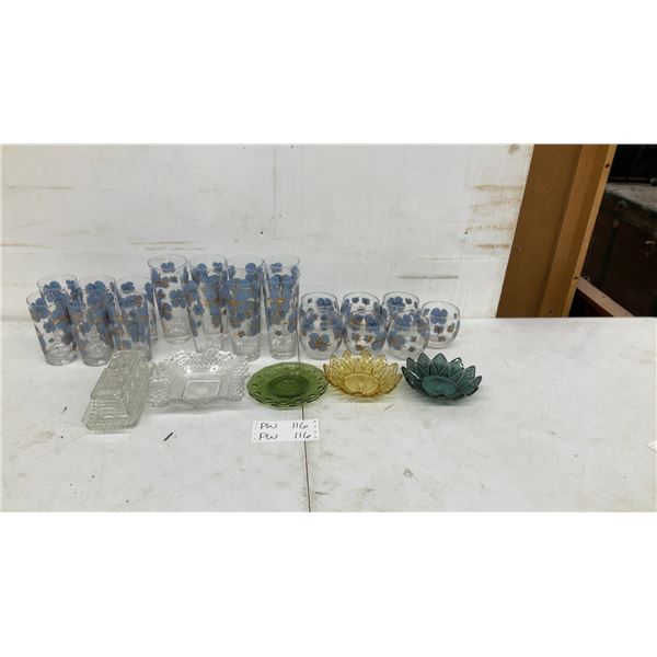 Vintage Glassware Lot: Blue Floral Drinking Glasses, Colored Glass Sunflower Bowls, Clear Dish